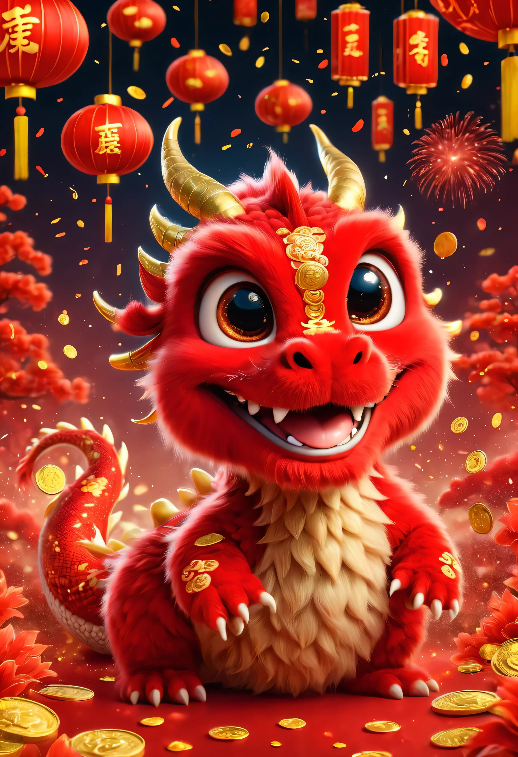 poster design:Chinese New Year is here,Cute little Chinese dragon is so happy,hairy,stupid,Cute and cute,Wow……(There are many gold coins in the air,Gold coin rain,Many small red envelopes,)fireworks,red background blur,