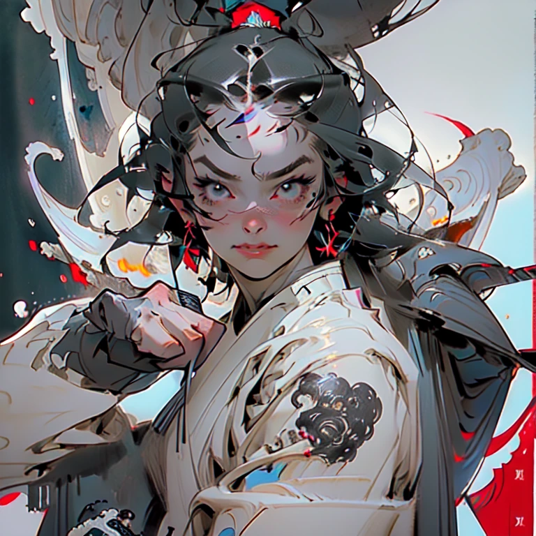 Closeup on face ,masterpiece, best quality, ultra-detailed,((geisha)) ,cybernetica,cybernetic parts,line art