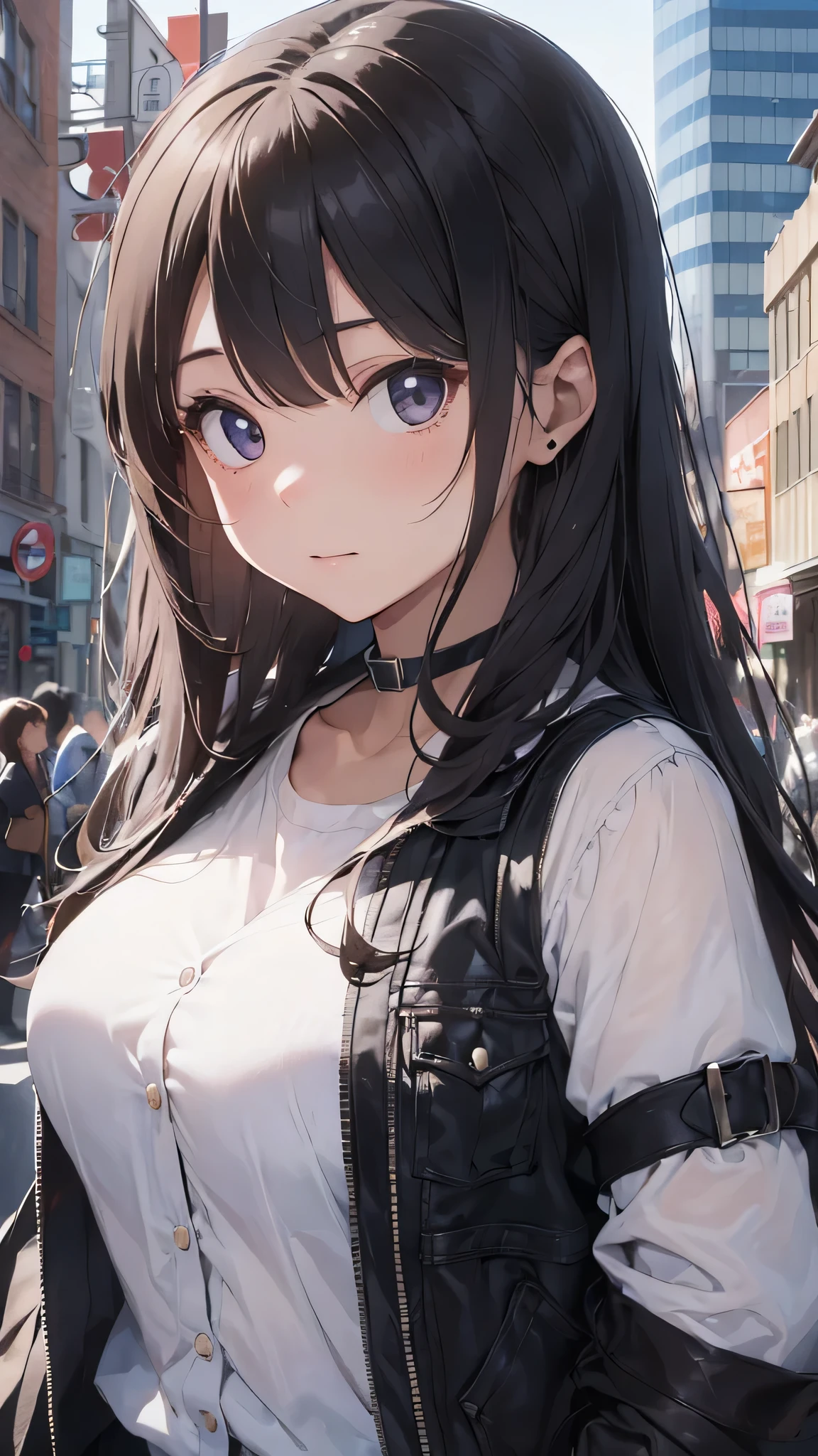 最high quality、best image quality、masterpiece、age girl((18-year-old、 By becoming、vest bust、medium bust,wide open breast tea、black eye, gray hair、long hair、thin,highest valley、Black Y-shirt、Black Recruit Suit)),high quality、beautiful art、background((office))debris flies、Depth of written boundary、movie、visual art、perfect art、8K,genuine