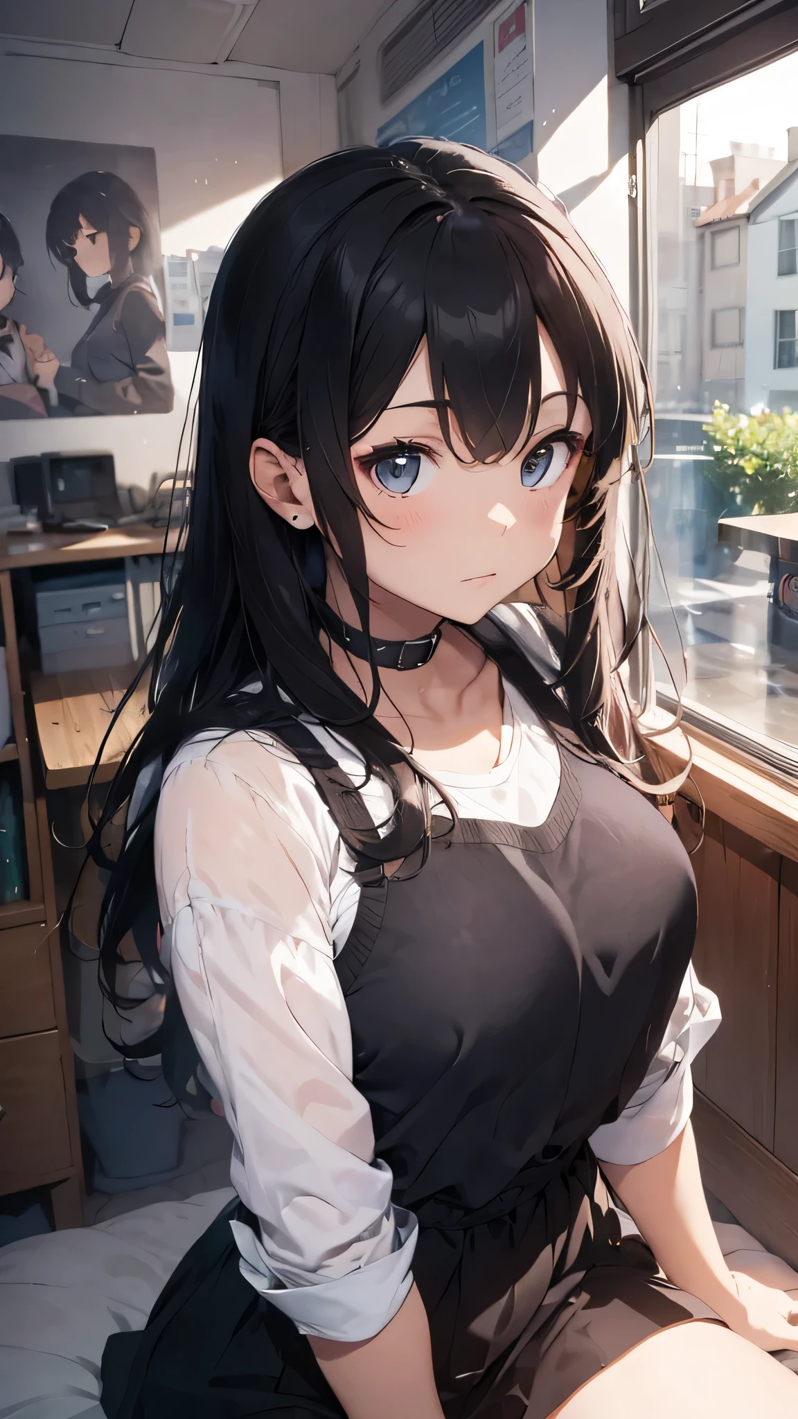 最high quality、best image quality、masterpiece、teenage girl((18-year-old、 By becoming、vest bust、medium bust,wide open breast tea、black eye, gray hair、long hair、thin,highest valley、Black Y-shirt、Black Recruit Suit)),high quality、beautiful art、background((office))debris flies、Depth of written boundary、movie、visual art、perfect art、8K,genuine