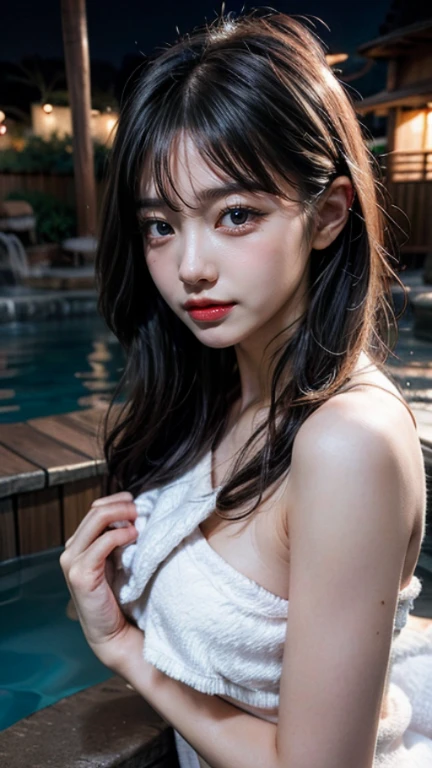 1 girl, gray hair, purple eyes, portrait, realistic, ((towel)), (hot spring), side light, wallpaper, NSFW