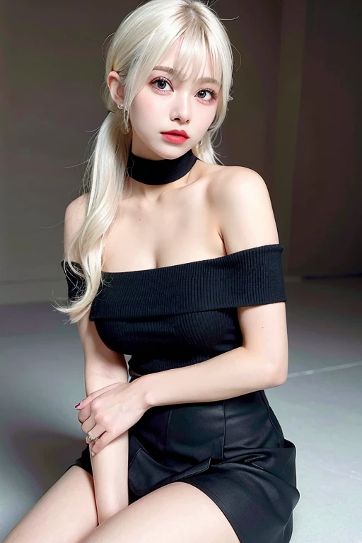 best quality, ultra high res, (photorealistic:1.4), 1girl, off-shoulder white shirt, black tight skirt, black choker, (faded ash gray hair:1), (huge breasts:0.7), looking at viewer, closeup ,