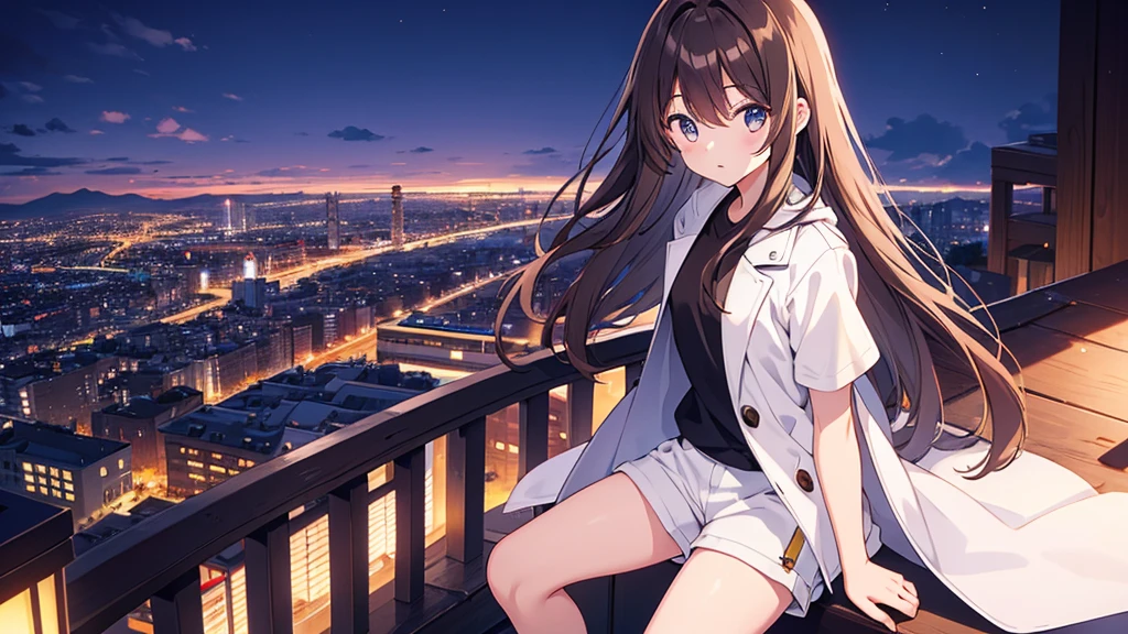 20 years old、flat chest、Height 165 cm、Long brown hair、Black short sleeves、White shorts、White coat、Viewing the city from the mountain、looking towards the city、night、street view