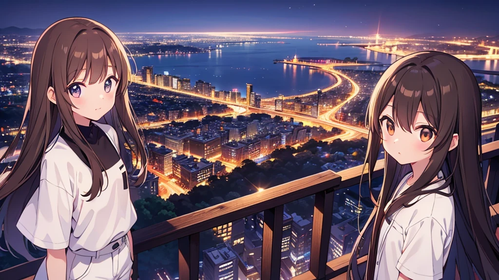 20 years old、flat chest、Height 165 cm、Long brown hair、Black short sleeves、White shorts、White coat、Viewing the city from the mountain、looking towards the city、night、street view
