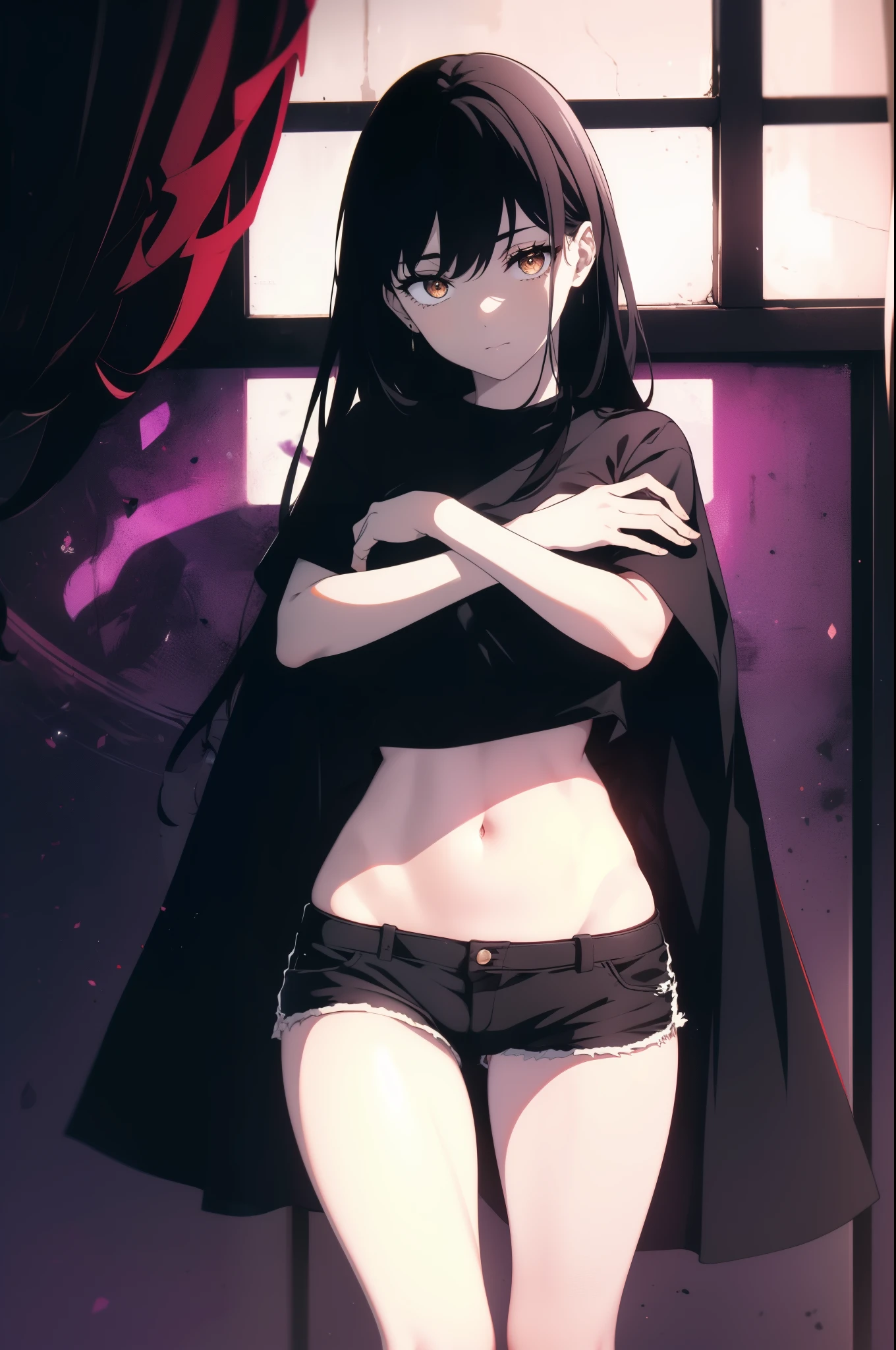 ((((Obra maestra, La mejor calidad, ultrahigh resolution)))), a clear view of a happy looking girl standing in a club waiting for someone)), (black t-shirt, jean shorts, black hair, long dark black hair), pale skin, ((brown eyes)), (glowing_eyes), (ultra detailed eyes:0.7, beautiful and detailed face, detailed eyes:0.9), ((centered)), ((over joyed expression)), ((wide shot)), facing viewer, (((indoor part, purple and black lights, black dancing silhouettes:0.9, rave:1))), medium breasts, looking at viewer, ((perfect hands)), (((head:1, arms, waist in view, hands, elbows, thighs, in view))), lively eyes, beautiful lighting, background, ((defined subject)), 25 years old, (head tilt), (((cool))), ((lively)), (((superior pose)))