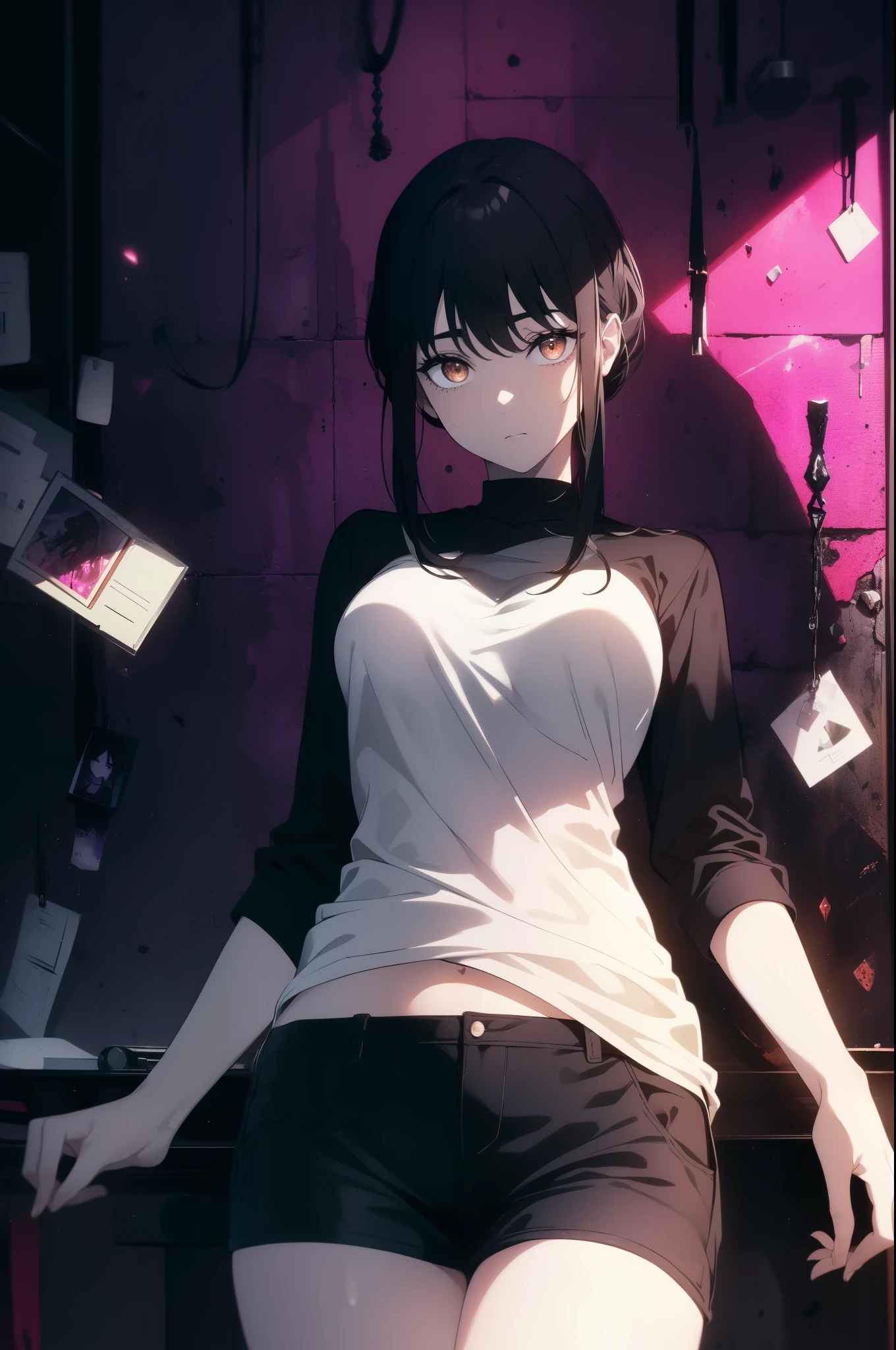 ((((Obra maestra, La mejor calidad, ultrahigh resolution)))), a clear view of a happy looking girl standing in a club waiting for someone)), (black t-shirt, jean shorts, black hair, long dark black hair), pale skin, ((brown eyes)), (glowing_eyes), (ultra detailed eyes:0.7, beautiful and detailed face, detailed eyes:0.9), ((centered)), ((over joyed expression)), ((wide shot)), facing viewer, (((indoor part, purple and black lights, black dancing silhouettes:0.9, rave:1))), medium breasts, looking at viewer, ((perfect hands)), (((head:1, arms, waist in view, hands, elbows, thighs, in view))), lively eyes, beautiful lighting, background, ((defined subject)), 25 years old, (head tilt), (((cool))), ((lively)), (((superior pose)))