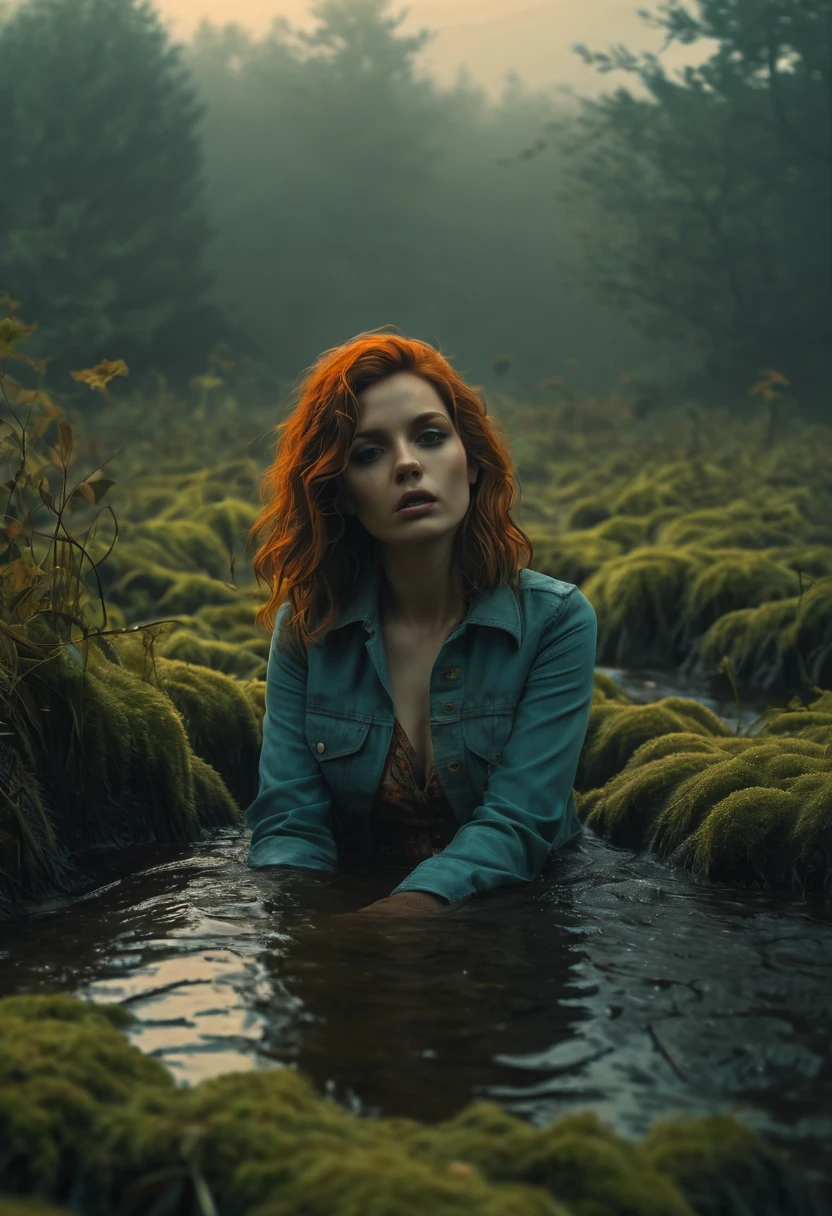 (woman) (jeans,blouse,jacket:1.1) in 70s setting experiences (sexual tension,shame) while drowning in (bog:1.1).
(best quality,4k,8k,highres,masterpiece:1.2),ultra-detailed,(realistic,photorealistic,photo-realistic:1.37),HDR,UHD,studio lighting,ultra-fine painting,sharp focus,physically-based rendering,extreme detail description,professional,vivid colors,bokeh.
(portraits,landscape,horror,anime,sci-fi,photography,concept artists)
(vintage,vivid colors,saturated tones,retro:1.1) and (nostalgic,70s style:1.3) color palette create an (atmospheric,dreamlike:1.1) ambience.
(dark shadows,highlight,shimmering lights:1.2) from the (setting sun:sunset:1.1) cast upon the scene, highlighting the (intricate:1.1) details.
The woman's eyes are (expressive,piercing:1.1), mirroring her internal emotions and reflecting the (turbulent:murky) waters of the (bog:1.1).
She wears a (tangled,disheveled:1.1) expression, a mixture of desire and shame, as her (longing:gloomy) gaze meets the viewer's.
The (moisture:dew) clings to her (wavy:flowing) hair, revealing her inner turmoil and adding a sense of (unspoken desire:intimacy:1.1).
The (drowning:submerging) woman is surrounded by (mossy plants,misty fog:1.1), creating an eerie and mysterious atmosphere.
Her (body:figure:1.1) is partially submerged in the (murky,thick:1.1) bog, hinting at her struggle and emotional turmoil.
In the background, hints of (vintage:retro) cars and (hippie:70s) fashion blend seamlessly with the natural landscape.
The (rustic:deteriorating:1.1) wooden boardwalk beneath her feet adds to the overall (nostalgic:vintage) aesthetic of the scene.
This (captivating,provocative:1.1) artwork evokes a complex mix of emotions, exploring themes of desire, shame, and self-discovery.