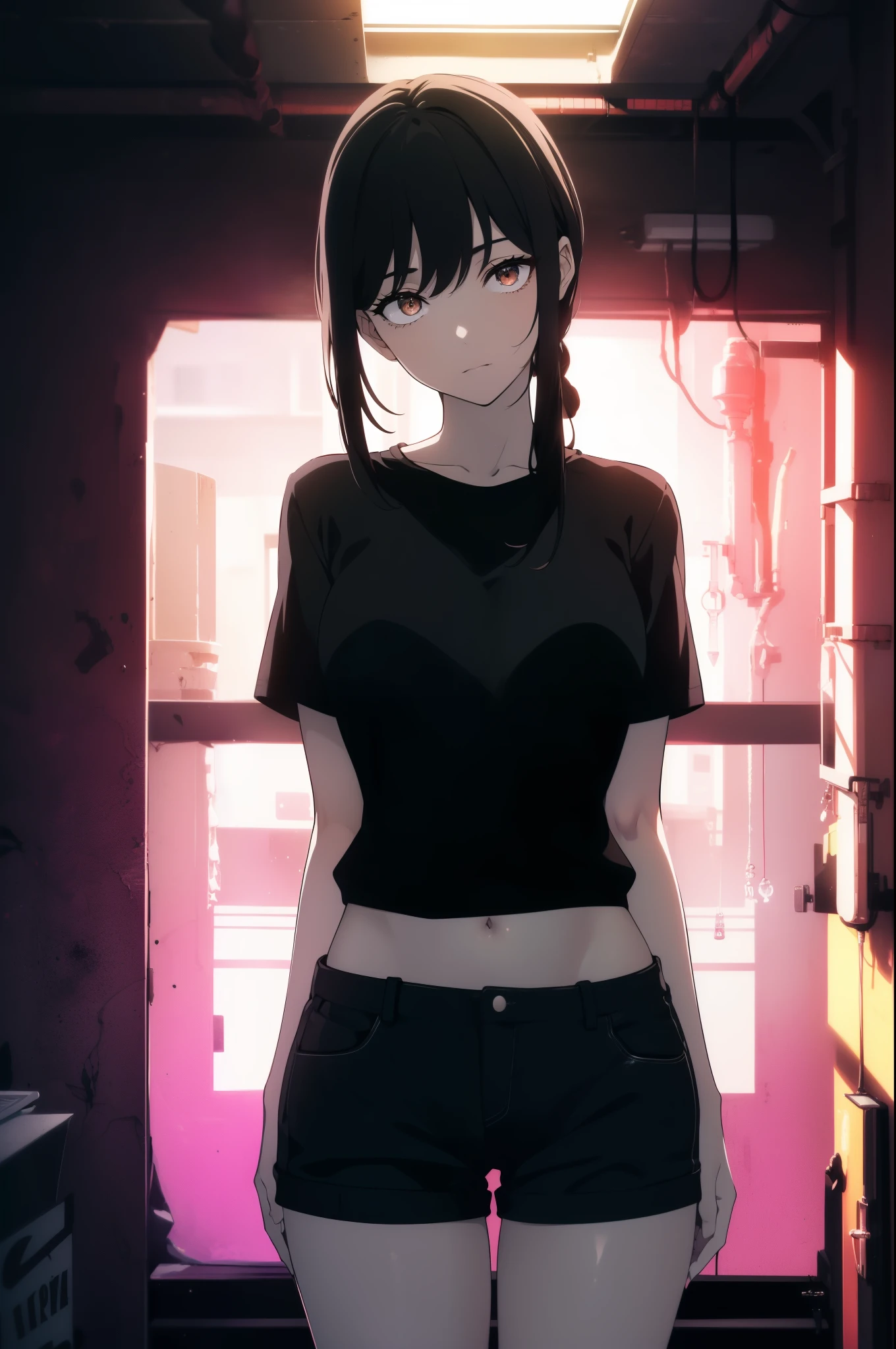 ((((Obra maestra, La mejor calidad, ultrahigh resolution)))), a clear view of a happy looking girl standing in a club waiting for someone)), (black t-shirt, jean shorts, black hair, long dark black hair), pale skin, ((brown eyes)), (glowing_eyes), (ultra detailed eyes:0.7, beautiful and detailed face, detailed eyes:0.9), ((centered)), ((over joyed expression)), ((wide shot)), facing viewer, (((indoor part, purple and black lights, black dancing silhouettes:0.9, rave:1))), medium breasts, looking at viewer, ((perfect hands)), (((head:1, arms, waist in view, hands, elbows, thighs, in view))), lively eyes, beautiful lighting, background, ((defined subject)), 25 years old, (head tilt), (((cool))), ((lively)), (((superior pose)))