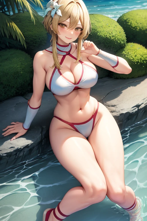 masterpiece, high resolution, best quality, rendered art, beautiful art, well formed hands, body and fingers, 1 woman,Lumine, grown up, mature woman, big breasted, cleavage, wearing a Tyris Flare outfit, sexy and skimpy bikini, alluring body, sexy legs, thighs and hips, full body, dancing seductively like a belly dancer, exposing her cleavage and legs, smiling joyfully, looking at the viewer, beach environment