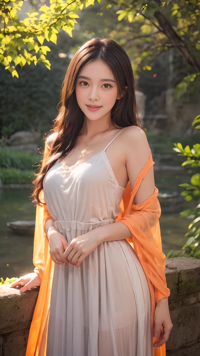 A beautiful smile woman in a pastel luxury orange chiffon dress look ahead, dances in the red roses garden in a fairy tale, a high quality hyper realistic yet artsy painting, winner of the cgsociety competition, beautiful light composition, beautiful angle, smooth movement, winning photo, cute photo, powerful photo, backlit, Cosplay, bogeh background