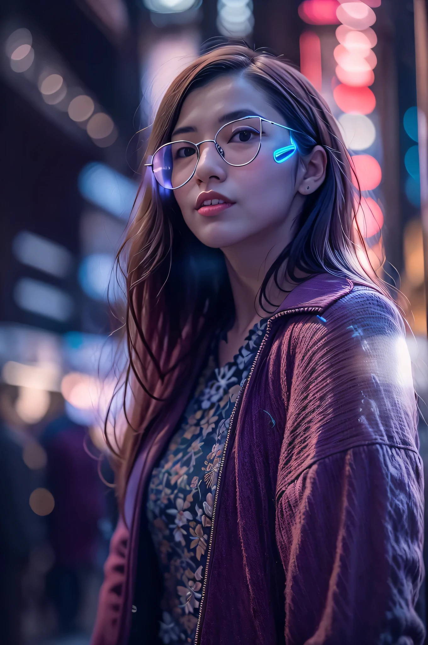 A woman wearing glasses standing in a city at night - SeaArt AI