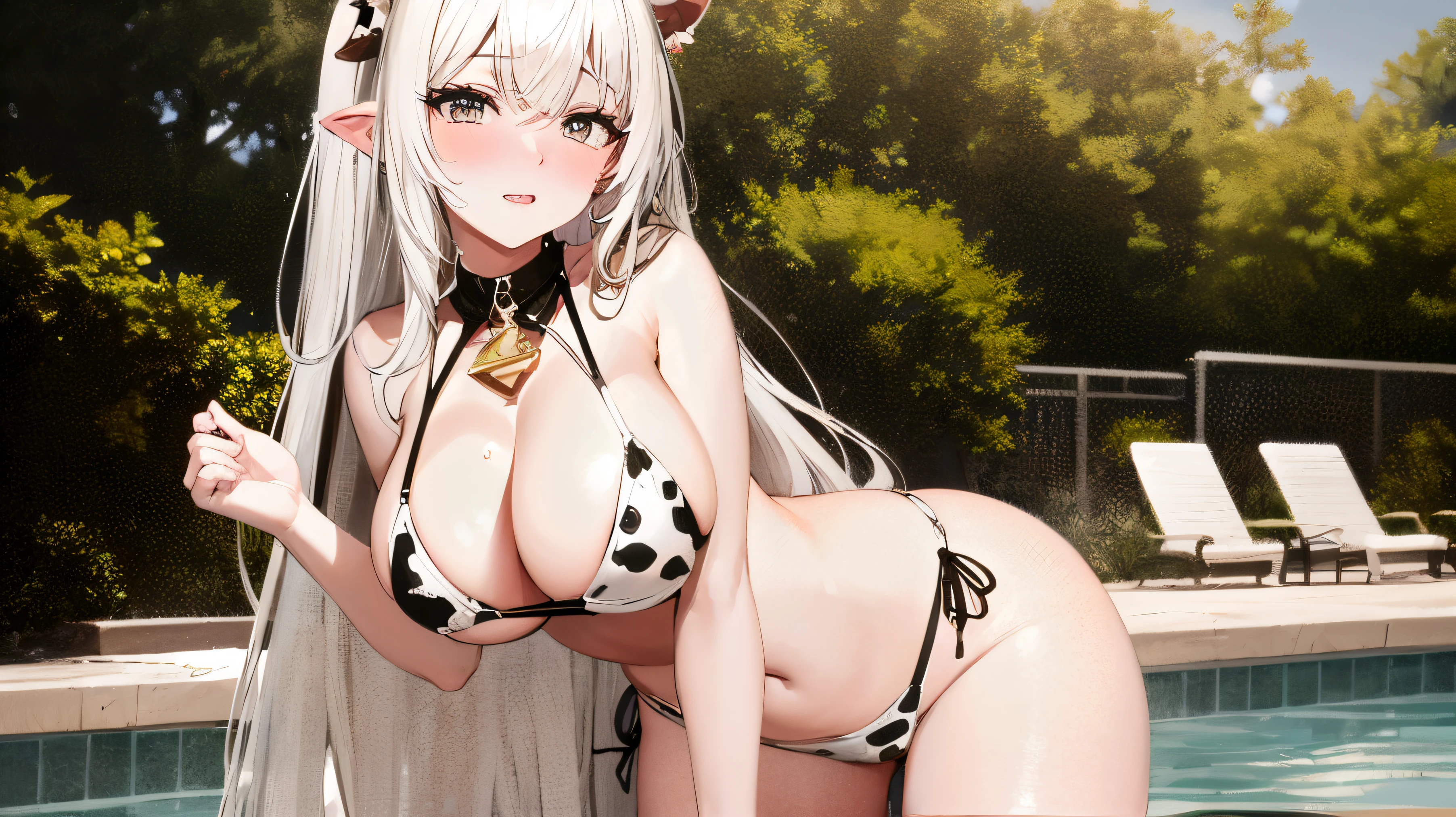 White long hair, forehead, blushing, Ahegao, cow design bikini, spread your legs, Pool Background, high resolution, 8 thousand, big , thick middle legs,