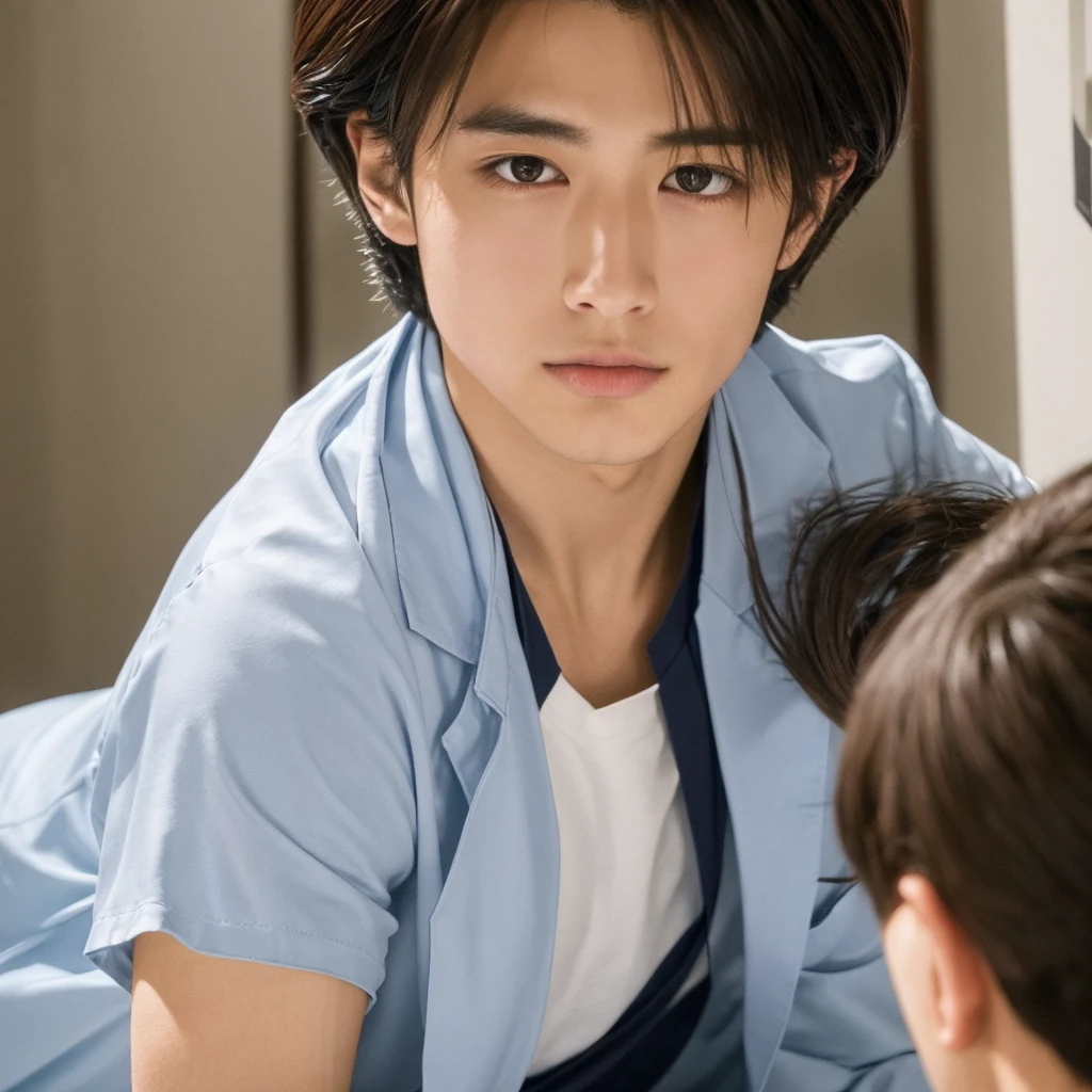 "Prompt for a translucent, beautiful young man illustration:
A Japanese idol in his twenties. He has a round and youthful face, exuding a childlike charm. He is Japanese and has lovely double eyelids. He possesses elegant and demure chestnut-brown hair, with bangs reaching just above his eyes, styled in straight strands. The lustrous hair enhances his beauty even more. His deep brown eyes are striking, reflecting a sophisticated, glamorous, and intellectually refined expression. The setting is in a stylish counseling room. He is dressed in a navy blue T-shirt, draped with a doctor's white coat, wearing black pants, and white Converse shoes."