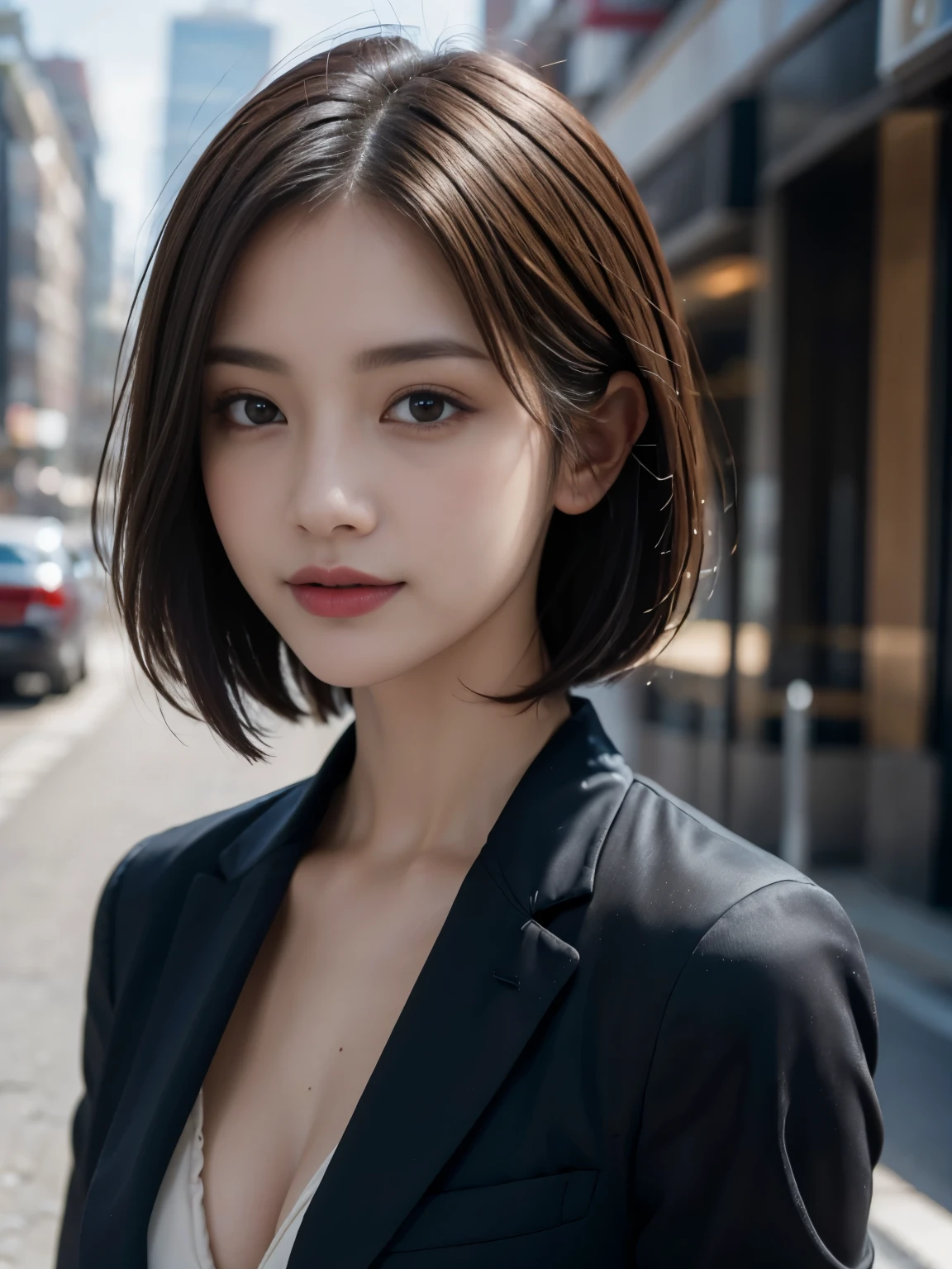 best quality, realistically, super detailed, fine pubic hair, High resolution, solid color background，8k wallpaper, 1 beautiful woman,,Light brown short hair, wear a dark suit, lock focus, perfect dynamic composition, beautiful eyes, delicate hair, 细致realistically的皮肤纹理, smile, close up portrait, model body shape