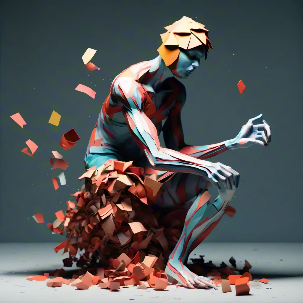 Colorful paper scraps, street style, 3D effects, man body, sitting