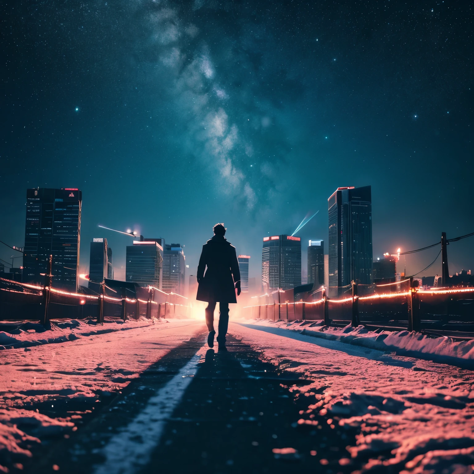 Anime scenery of the city with towers, Man walking on a snowy road, space sky. By: makoto shinkai, beautiful anime scene, makoto shinkai, by Cyril Rolando, Anime background art, beautiful anime landscape, anime art wallpaper 4k, anime art wallpaper 4k, 4k anime wallpaper, anime wallpaper 4k, anime wallpaper 4k, Detail enhancements, Perfect detail processing.
