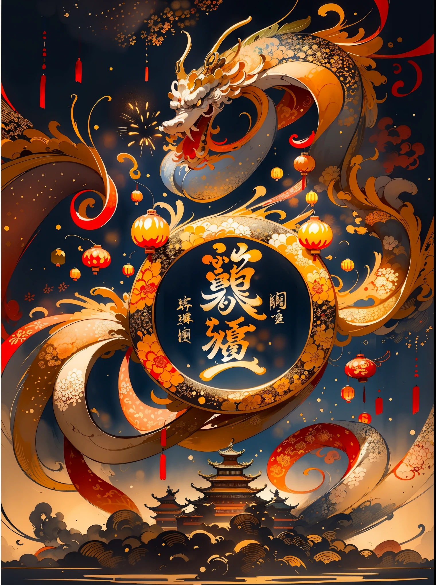 ((最好的质量)), ((高分辨率)), Song dynasty ink painting style, celebration of the New Year, fireworks, dynamic lines ，lively patterns，ancient wisdom, symbolic inscriptions or patterns，traditional Chinese New Year celebration