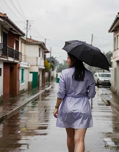 Una mujer caminando en una lluvia torrencial..