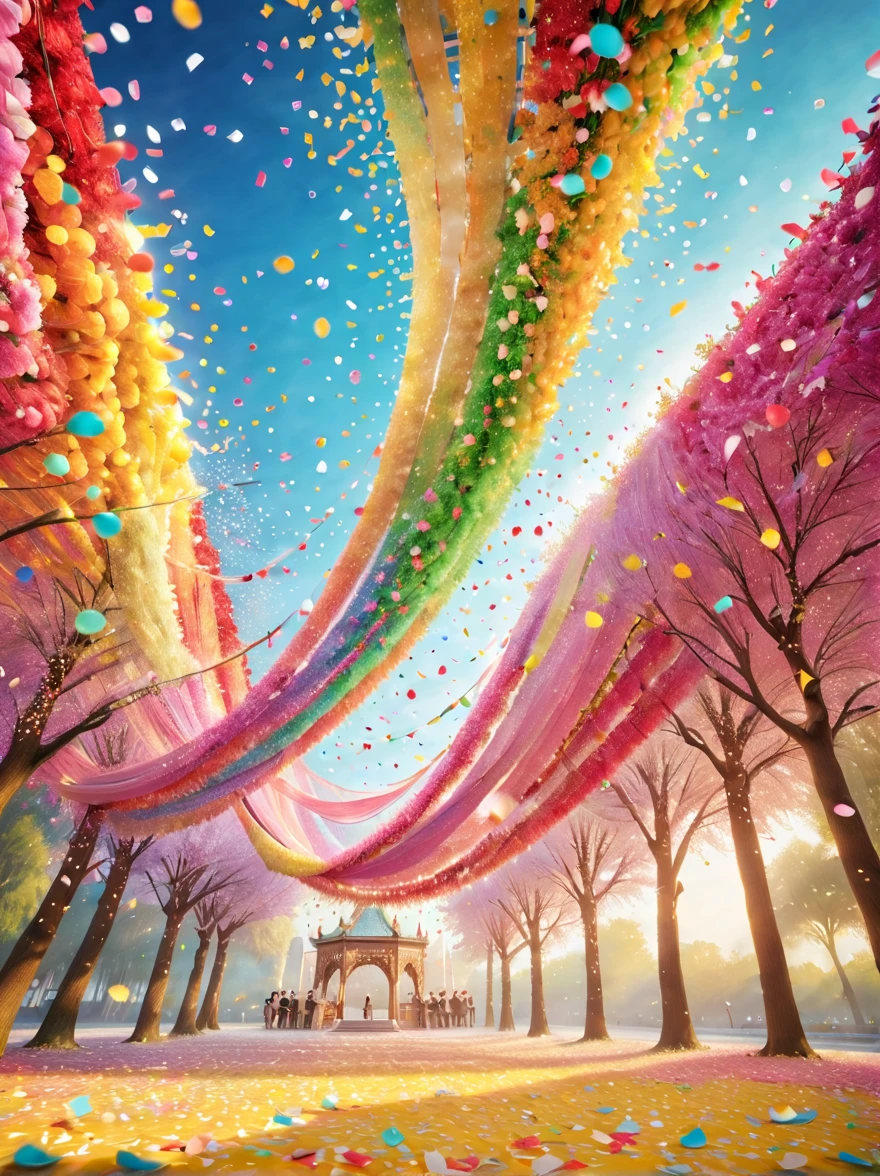 五颜六色的五彩Confetti在阳光下飘落,在Wedding celebrations上,五彩Confetti下雨,soft的灯光,五颜六色的Confetti漂浮,五彩Confetti飞扬,Festive decorations,spring,bright,bright colors,Wedding celebrations,soft,Confetti,soft的色彩,(best quality,8k,high resolution,masterpiece) ,Super detailed