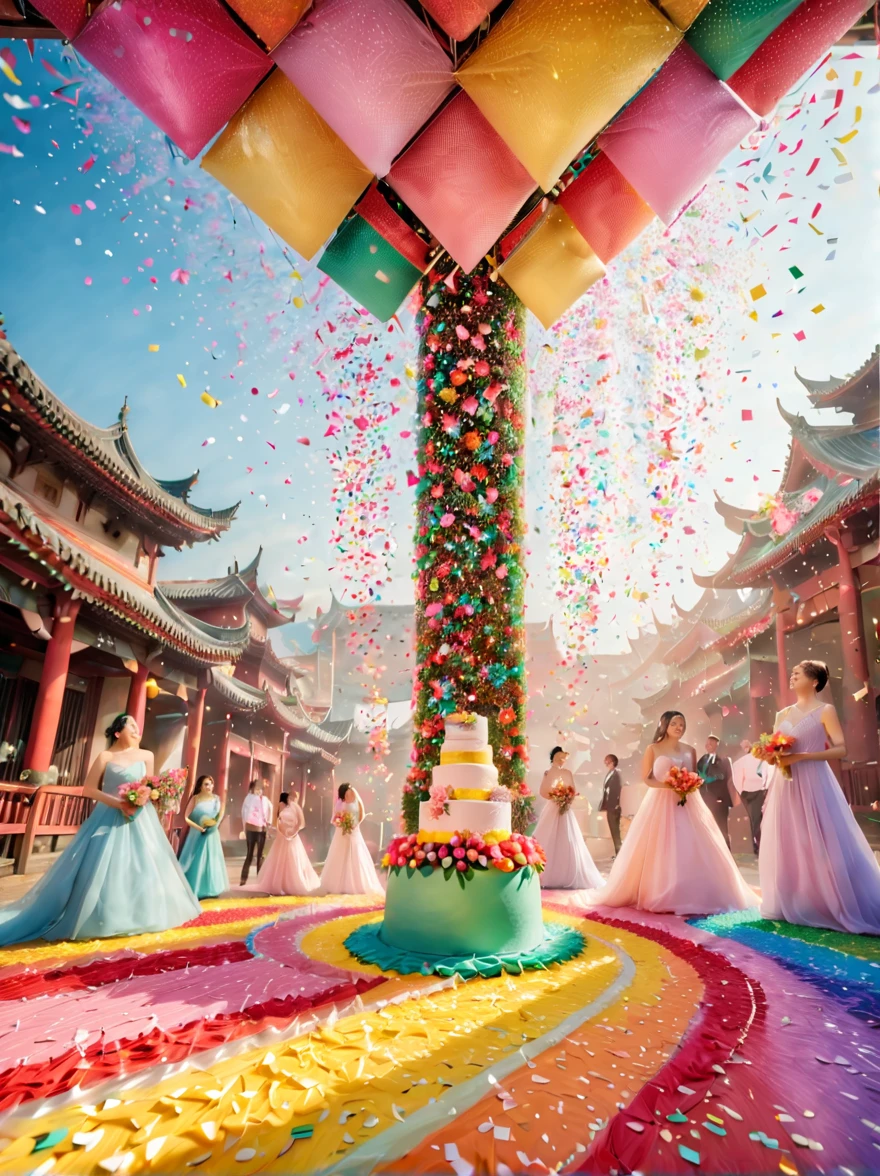 五颜六色的五彩Confetti在阳光下飘落,在Wedding celebrations上,五彩Confetti下雨,soft的灯光,五颜六色的Confetti漂浮,五彩Confetti飞扬,Festive decorations,spring,bright,bright colors,Wedding celebrations,soft,Confetti,soft的色彩,(best quality,8k,high resolution,masterpiece) ,Super detailed