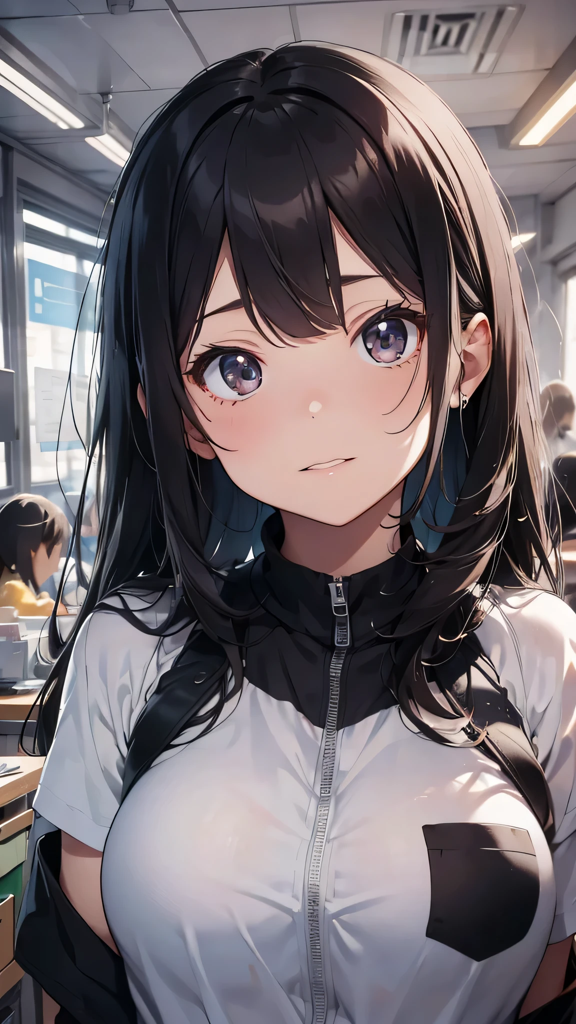 最high quality、best image quality、masterpiece、age girl((18-year-old、 By becoming、vest bust、medium bust,wide open breast tea、black eye, gray hair、long hair、thin,highest valley、Black Y-shirt、Black Recruit Suit)),high quality、beautiful art、background((company office))debris flies、Depth of written boundary、movie、visual art、perfect art、8K,genuine