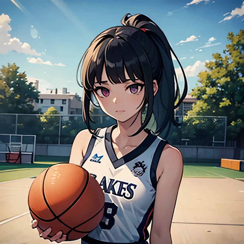 1 girl、(basketball court)、Depth of bounds written、The focus is clear.、Sun rays、Good composition、(Bokeh:1.2) 1 girl、solo、(whole body)、(mouth closed)、Beautiful fine eyes、Pause、constriction、(((Basketball Uniforms)))、messy hair、long hair floating in the wind、hiqcgbody、((blunt bangs))、dark blue hair、purple eyes、((ponytail))、medium breasts