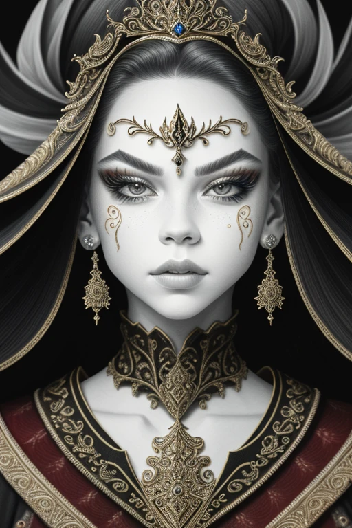 a close up symmetrical portrait of a evil queen, royalty villain, mshn queen, Jordyn Jones, splashes of red black, hyper realistic, intricate design, (insanely detailed:1.4), (extremely fine details:1.35), Extremely sharp lines, steel, cinematic lighting, Photorealistic, a detailed painting by Ayami Kojima and Lilia Alvarado, (best quality, high quality, absurdres, intricate detail, masterpiece, cinematic), highly detailed, motion blur, film grain, noise, lens effects,