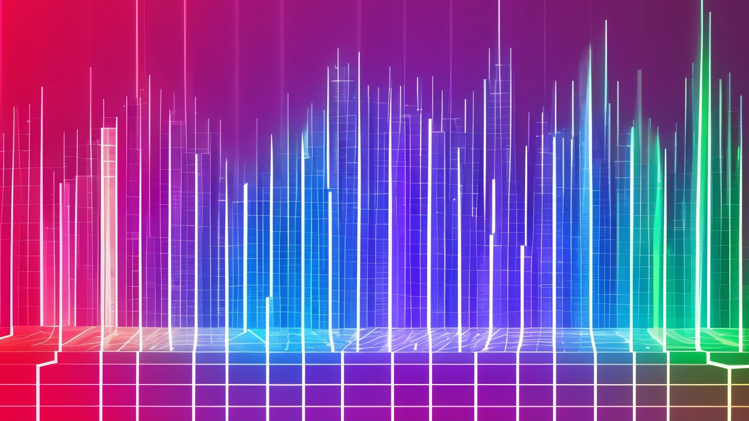 Generate a vibrant and dynamic graphic equalizer with ten frequency bands, each represented by colorful bars. The bars should vary in height starting at the bottom of the image straight upwards to reflect the intensity of the corresponding frequency, creating a visually appealing representation of sound. Feel free to incorporate subtle gradients and lighting effects to enhance the overall aesthetic