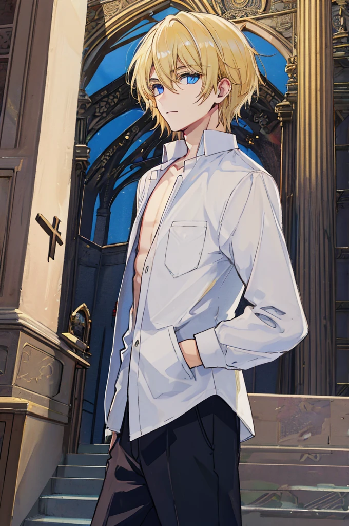 a handsome man,adult,flat chest,blond,blue eyes,temple,church,