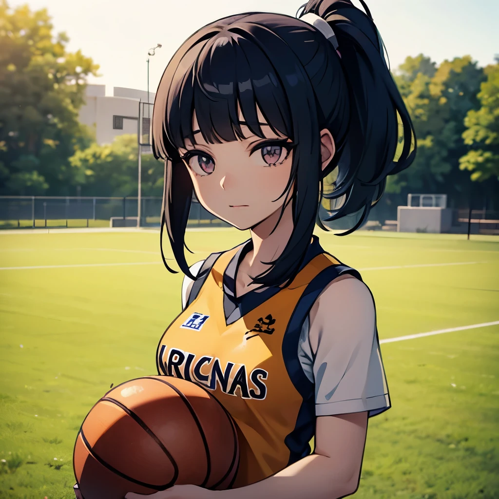 1 girl、(basketball court)、Depth of bounds written、The focus is clear.、Sun rays、Good composition、(Bokeh:1.2) 1 girl、solo、(whole body)、(mouth closed)、Beautiful fine eyes、Pause、constriction、(((Basketball Uniforms)))、messy hair、long hair floating in the wind、hiqcgbody、((blunt bangs))、dark blue hair、purple eyes、((ponytail))、medium breasts