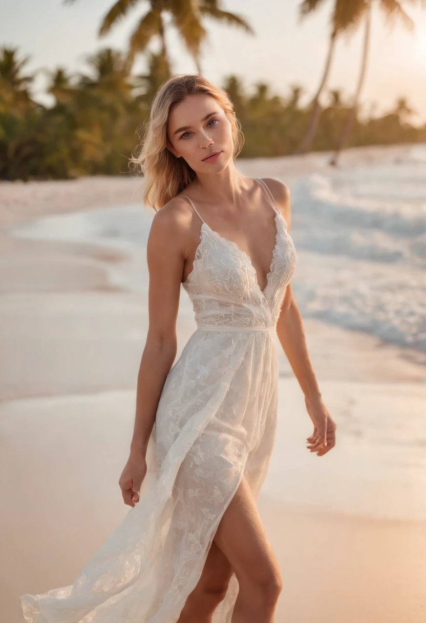 sony a7iii raw 4000x6000 photo on the ocean shore, maldivi, palm trees , sunset, Blonde Girl, shatush, runs to the ocean on a sandy path , her white translucent dress billows in the wind. the photo is flooded with warm sunlight. the girl&#39;s face is not visible