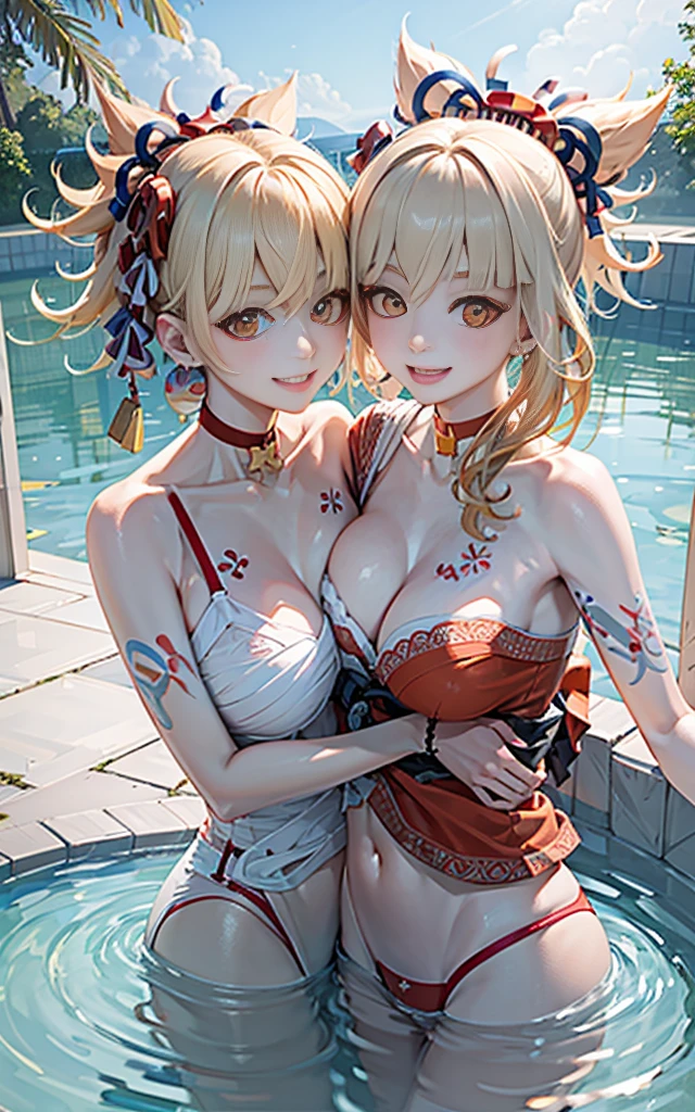 2 girls smiling in water in bathtub,No teeth exposed. Female twins, Vibrant colors,natural lighting, best quality, Chest to chest, hug each other, sunny masterpiece, Navel exposed, Blushed, 橙色泳衣hug each other' , full, 饱full big breast 露肚脐 搂腰 large breast 左手抬起左侧乳房紧紧挨在一起