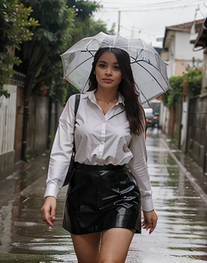 Una mujer caminando en una lluvia torrencial..