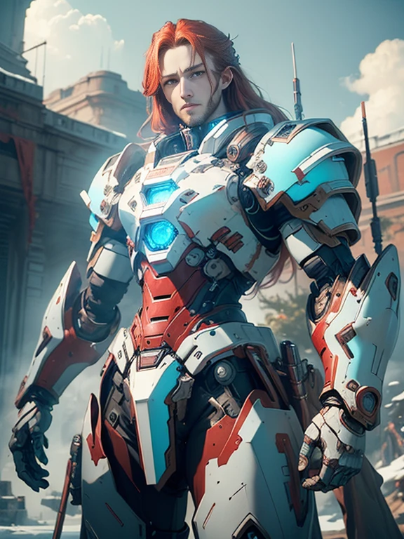 Photorealistic image ((Masterpiece)), ((high quality)) UHD 8K, of a beautiful, slim and realistic mecha transforming Robot, (medium chest), (skinny waist), (long red hair), (blue eyes), ((Hyper-realistic mecha armor, with red metal and intricate ice blue lights)), (in combat position, in a futuristic ship, science fiction
