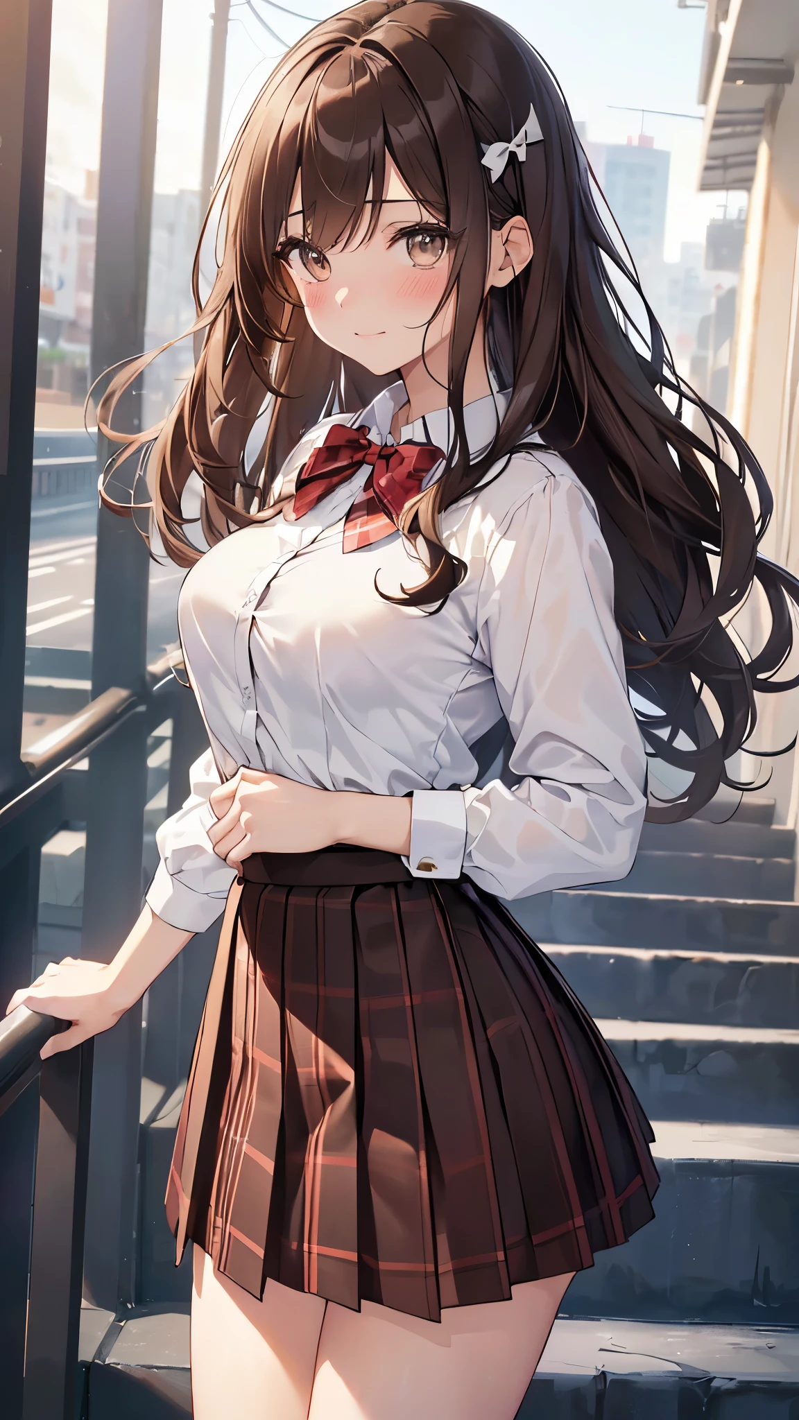 ((table top, highest quality, High resolution, nffsw, perfect pixel, 4K, nffsw, nffsw))), 1 girl, single, alone, beautiful woman、I could see the whole body、 ((middle wavy hair, bangs, brown hair)), ((brown eyes, beautiful eyelashes, realistic eyes)), ((detailed face, blush:1.2)), ((smooth texture:0.75, realistic texture:0.65, realistic:1.1, Anime CG style)), medium breasts, dynamic angle, perfect body, ((red bow tie, school uniform, , white shirt, black skirt, plaid skirt)), City staircase、Angle looking up from the bottom of the stairs、Very embarrassing panic smile、Open your mouth and be surprised、 looked back、(leaning forward)、(The wind flipped my skirt and exposed my butt.........................、stick out your butt、Touching the buttocks with both hands、white lace panties)