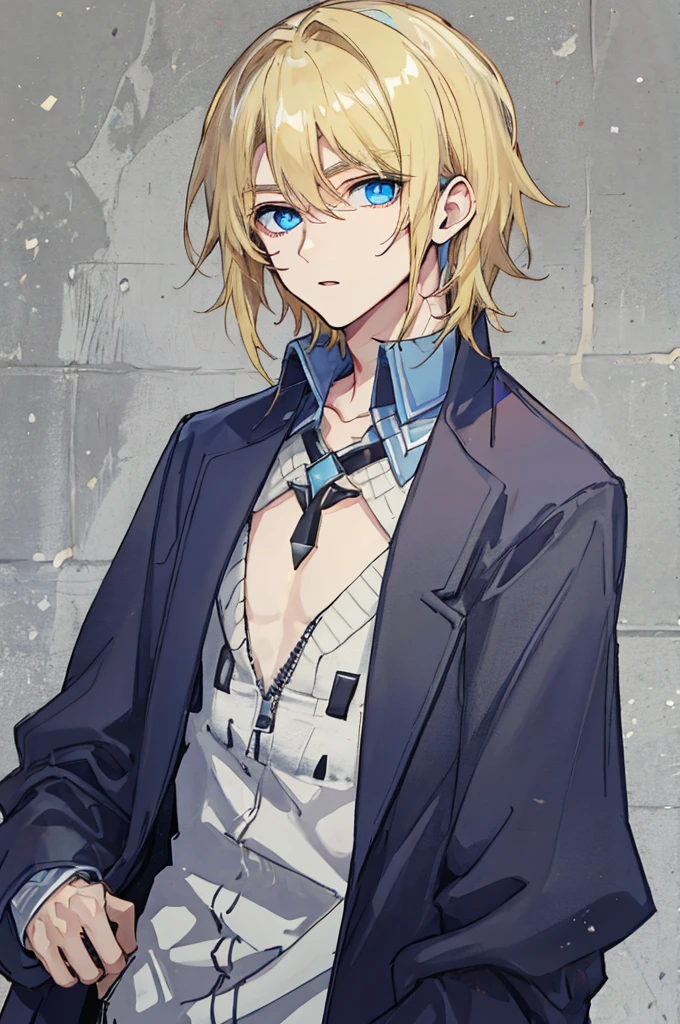 a handsome man，adult，flat chest，blond，blue eyes，