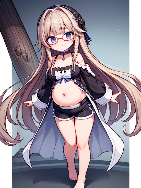 (Very high quality, detailed) An image of a full body pregnant girl with a round belly, long hair, very big breasts and a huge ass. She's standing barefoot with her hands on her belly. She's wearing a crop top, very thight shorts and glasses.