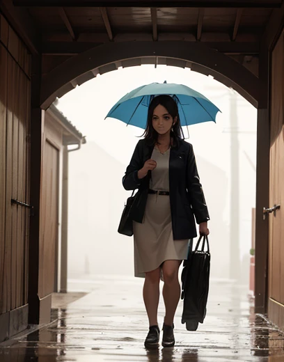 Una mujer caminando en una lluvia torrencial..