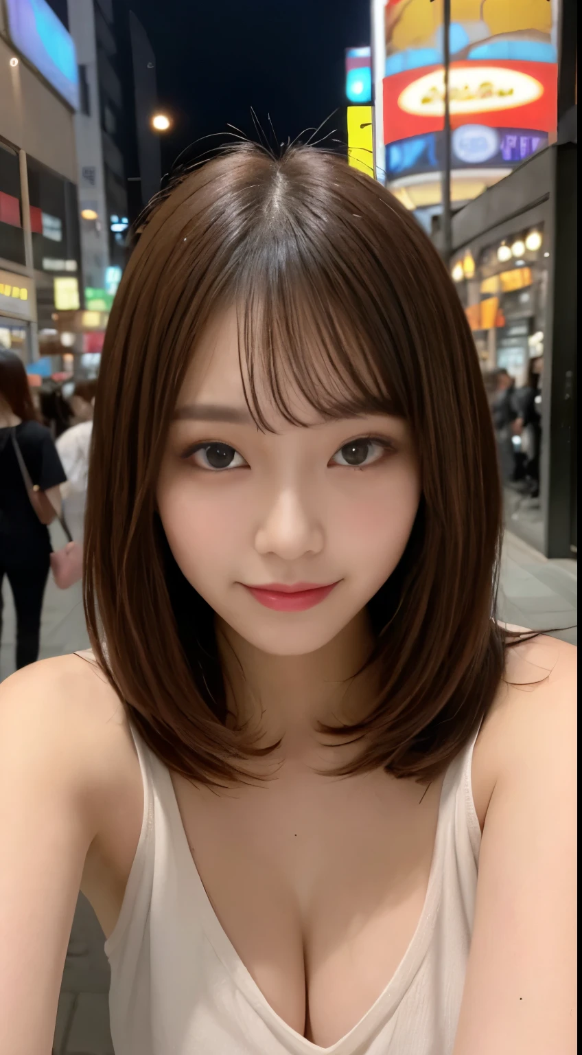 table top, highest quality, figure, super detailed, finely, High resolution, 8k wallpaper, 完璧なダイナミックな構figure, beautiful and fine eyes, ladies fashion summer,In short Bob, maroon beige hair, a little bigger, natural color lip, bold sexy pose, smile, Harajuku, 20 year old girl, cute, sexy shot looking at camera,I can see the nipples