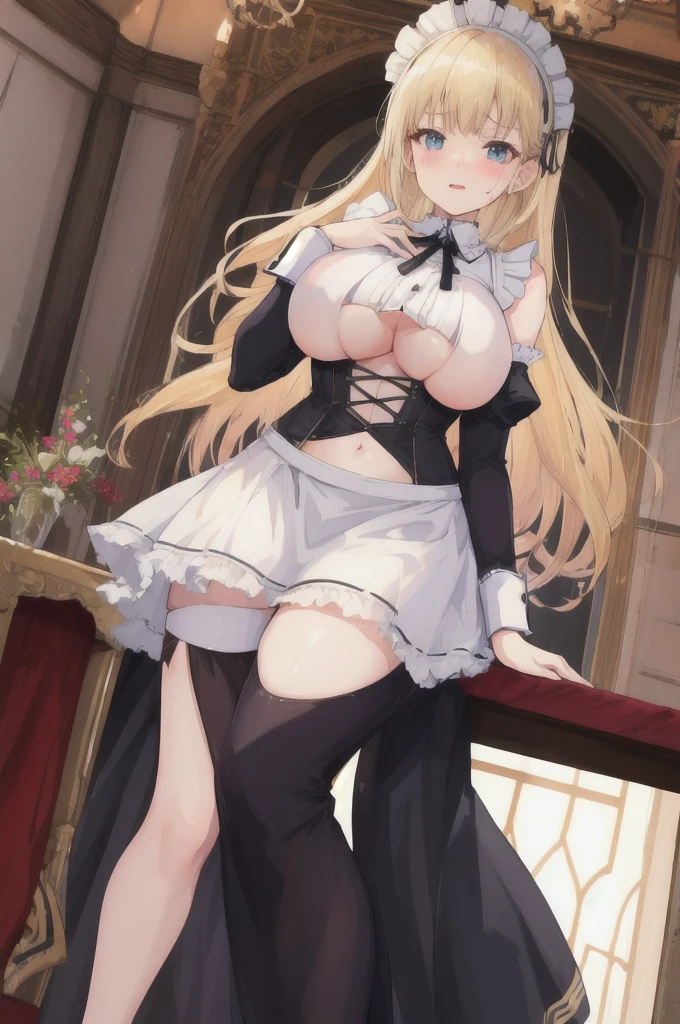 During the banquet,A lot of people,A woman with big ,Gorgeous woman,victorian style,clavicle,Prominent and smooth underboob,long blonde hair,maid outfit,exquisite,thin waist,pubic,long legs,shed tears,Fear,