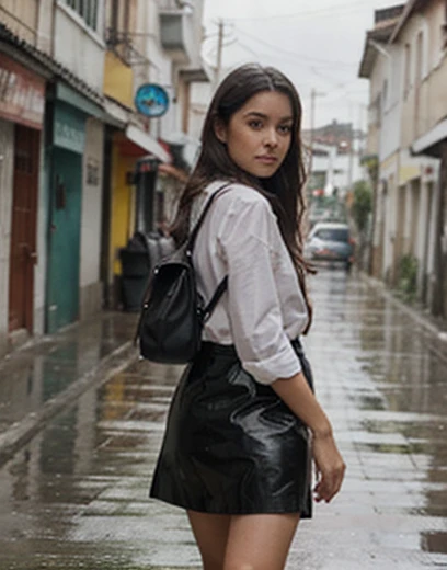 Una mujer caminando en una lluvia torrencial..