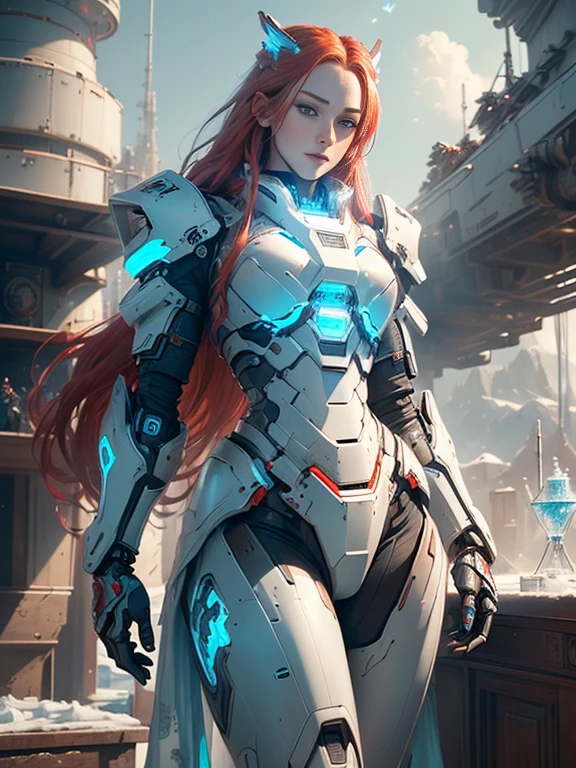 Photorealistic image ((Masterpiece)), ((high quality)) UHD 8K, of a beautiful, slim and realistic mecha transforming Robot, (medium chest), (skinny waist), (long red hair), (blue eyes), ((Hyper-realistic mecha armor, with red metal and intricate ice blue lights)), (in combat position, in a futuristic ship, science fiction