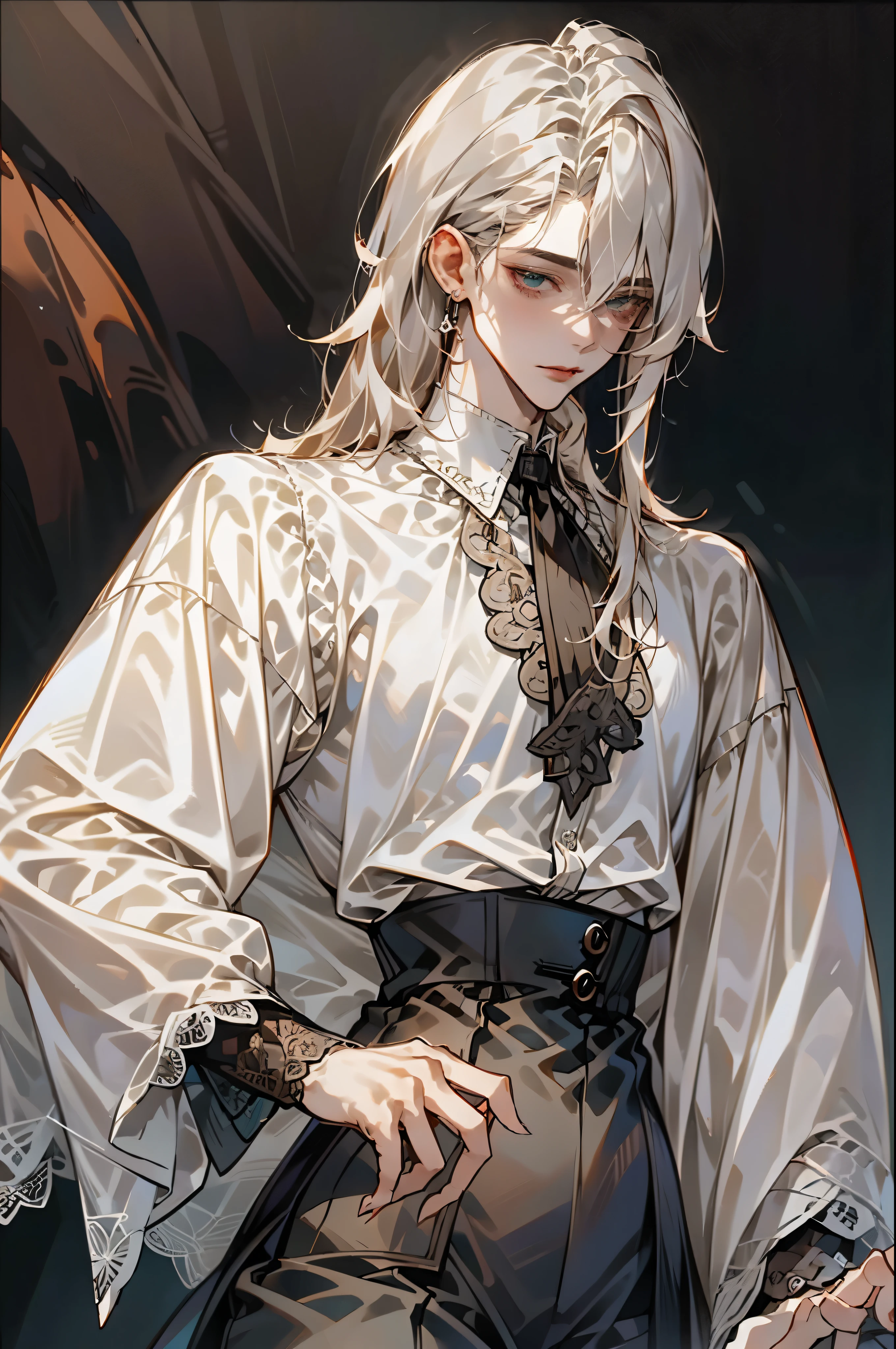 Body: very pale fair skin; small waist; round small hips; delicate hands; reddish doll-like lips
Hair: very long, curly deep Nordic blond hair that he puts up in a high ponytail with a ribbon hair tie
Wears: long-sleeved button up dark lilac shirt with lace details around the neck and sleeves, the sleeves are a bit loose until they get to the wrists become fitted; high-waisted black short with silver details that reaches just past half his thighs; black thigh high boots with small heels
Accessories: silver rings on his left index, middle and ring fingers
beautiful androgynous prince, delicate androgynous prince, male anime character, best anime character design man, masculine face, attractive, ((1man)), masterpiece, absurdres, best quality ,intricate details , (shiny skin, shiny body, shiny oily luster skin, shiny hair, pale skintone), attractive, adult, dark lilac blouse, earrings, black shorts, Don't look at the view , Not looking at the view, nordic blond very long hair in ponytail, perfect detailed face, perfect detailed hands, light green eyes, red doll lips
