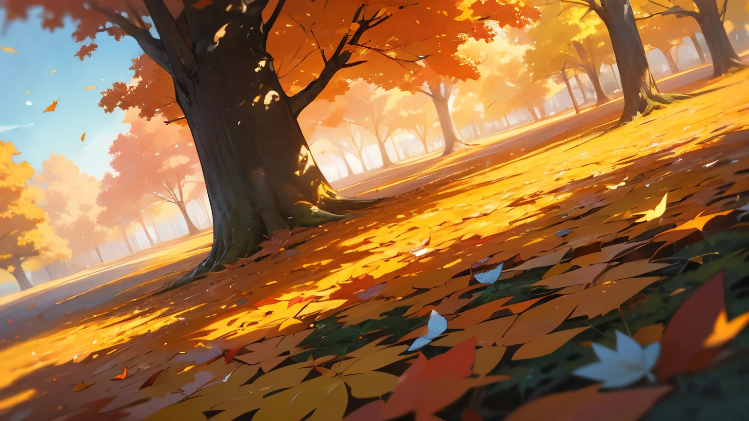 Colorful fallen leaves dance like butterflies,Floating all over the sky in the swirling wind,The trees in the forest stand tall,Witness the splendor of autumn,Poetic autumn colors,Soft slanting sunlight,Wide angle field of view