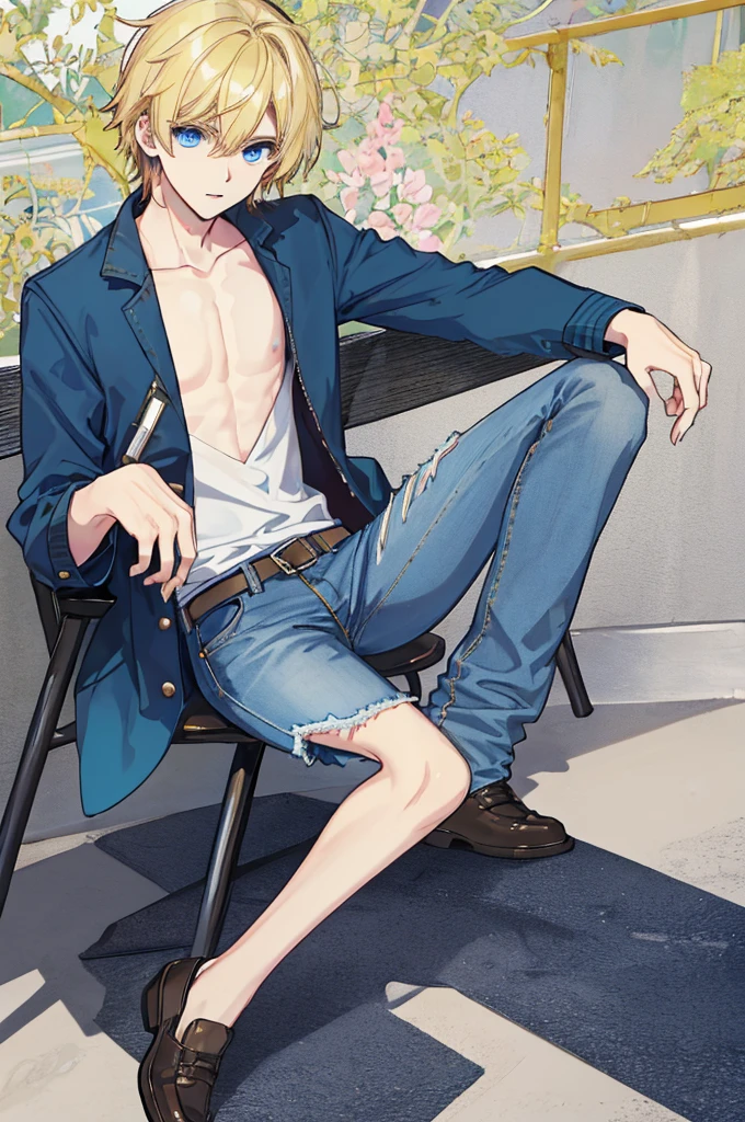 a handsome man,adult,flat chest,blond,blue eyes,Loose top,jeans,slender legs,casual gesture,