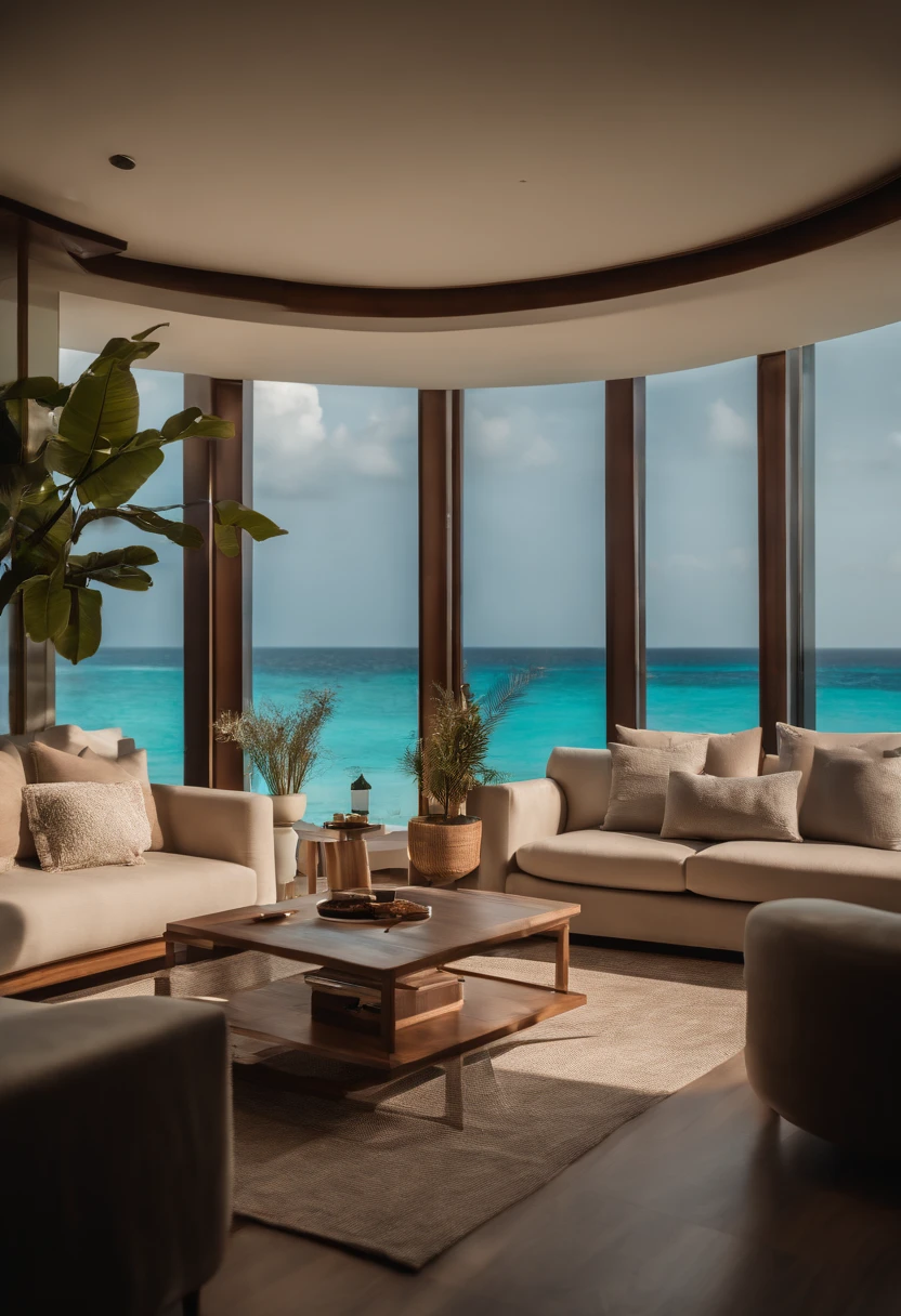 super detailed sony a7iii raw 4000x6000 photo from a hotel room in the Maldives. in the foreground, a table and a white sofa in the room are partially visible, further in the center is a large panoramic window, the window is open, sunset foreground is a little blurry
