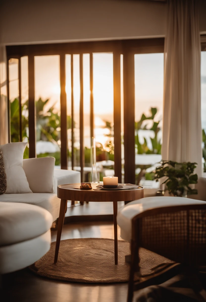 super detailed sony a7iii raw 4000x6000 photo from a hotel room in the Maldives. in the foreground, a table and a white sofa in the room are partially visible, further in the center is a large panoramic window, the window is open, sunset foreground is a little blurry
