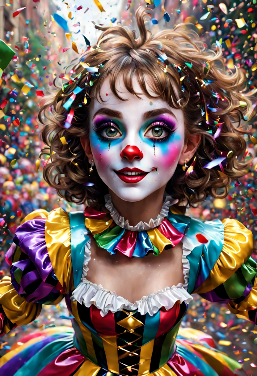 llumination metallic gratescape fantasy land adorable darling dancing harlequin throwing confetti in a confetti filled parade with mesmerizing hazel eyes, showered in confetti branded welding, ultradetailed, fine-tuned realism, eccentric glass, astrophotography, IMAX