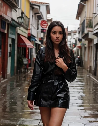 Una mujer caminando en una lluvia torrencial..