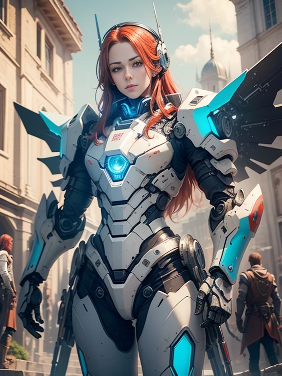 Photorealistic image ((Masterpiece)), ((high quality)) UHD 8K, of a beautiful, slim and realistic mecha transforming Robot, (medium chest), (skinny waist), (long red hair), (blue eyes), ((Hyper-realistic mecha armor, with red metal and intricate ice blue lights)), (in combat position, in a futuristic ship, science fiction